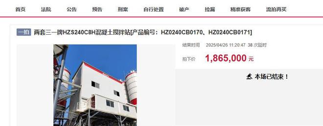 崇左两套三一牌混凝土搅拌站设备拍卖被人1865万元拍下(图1)
